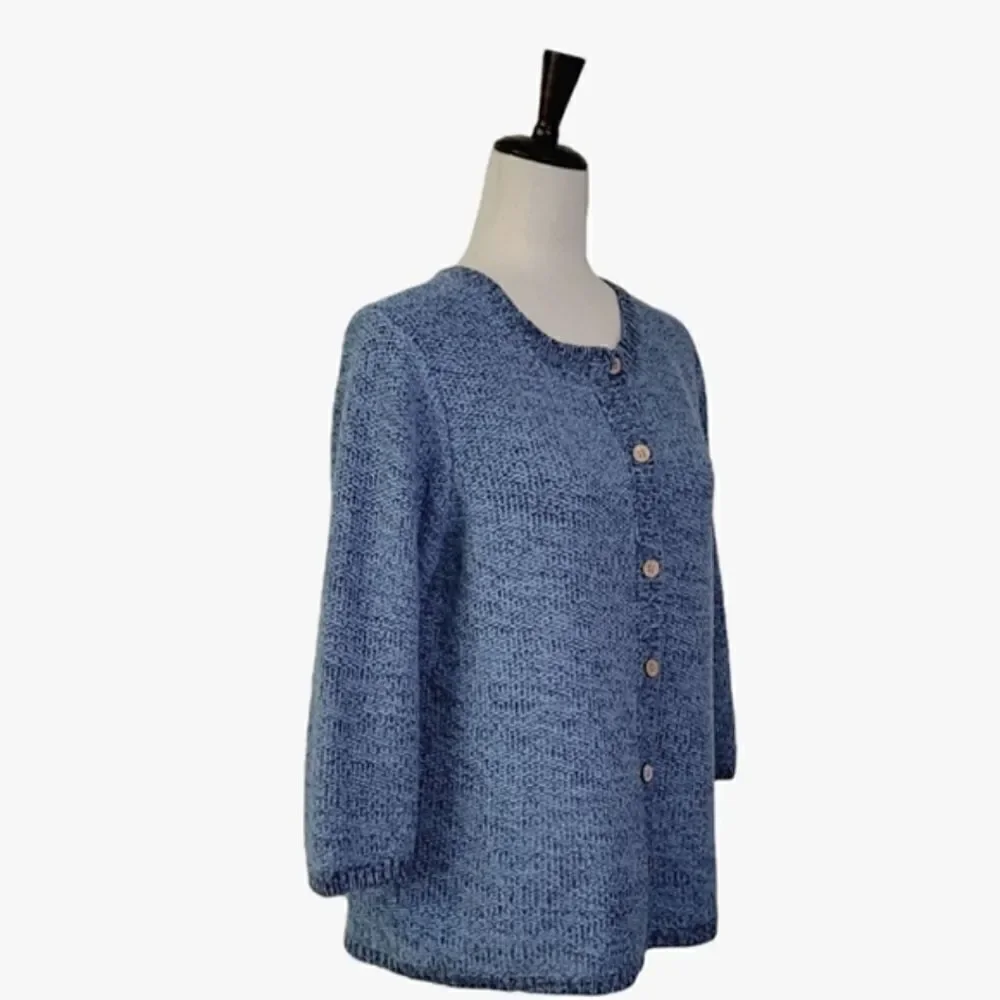 Christopher & Banks Marled Blue 3/4 Sleeve Crewneck Cardigan Sweater Size M - Picture 3 of 9